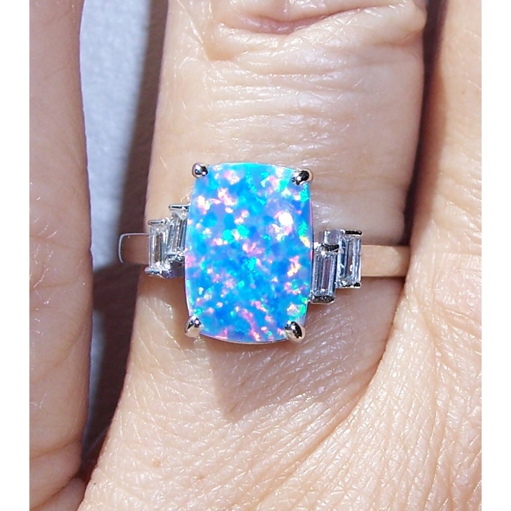 925 STERLING SILVER Lab Created Blue Lavender Fire Opal & CZ Ring - Picture 3 of 13